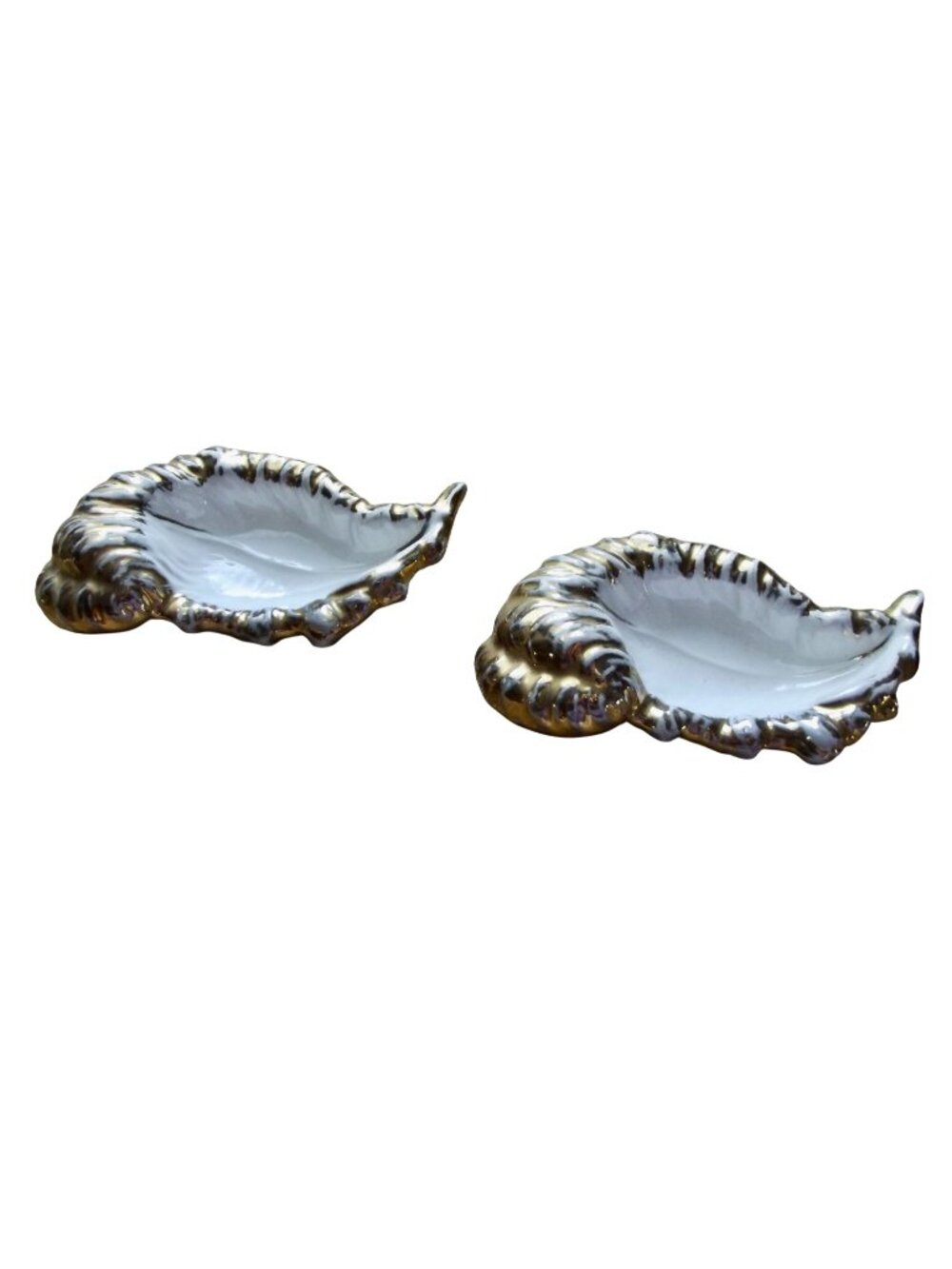 Vintage Shell Leaf Trinket Soap Dish (lot of 2) ceramic White Gold trim mcm